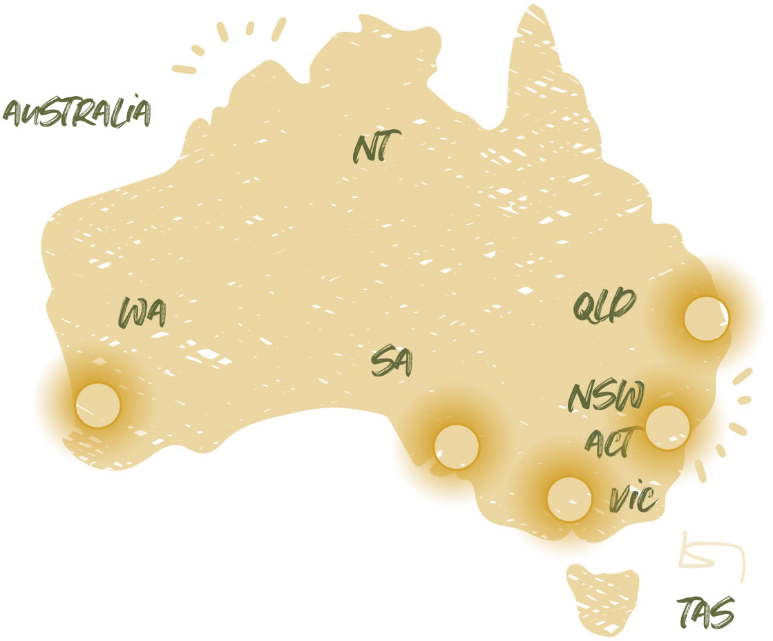 Map of Australia showing states and location markers